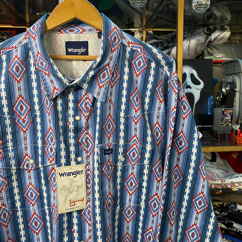 NWT Wrangler Cowboy Cut Pearl Snap Shirt 2XL Blue Aztec Southwestern Diamond